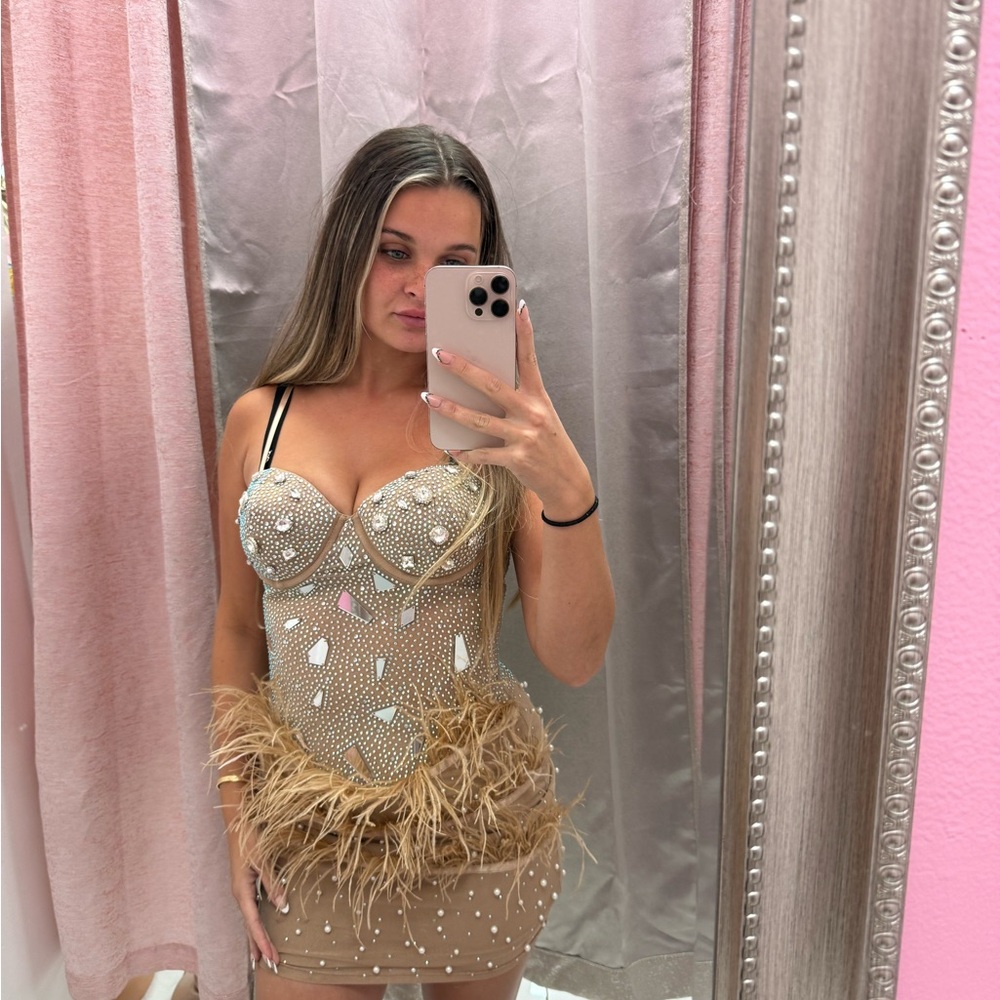 Elegant Tan Feathered Dress